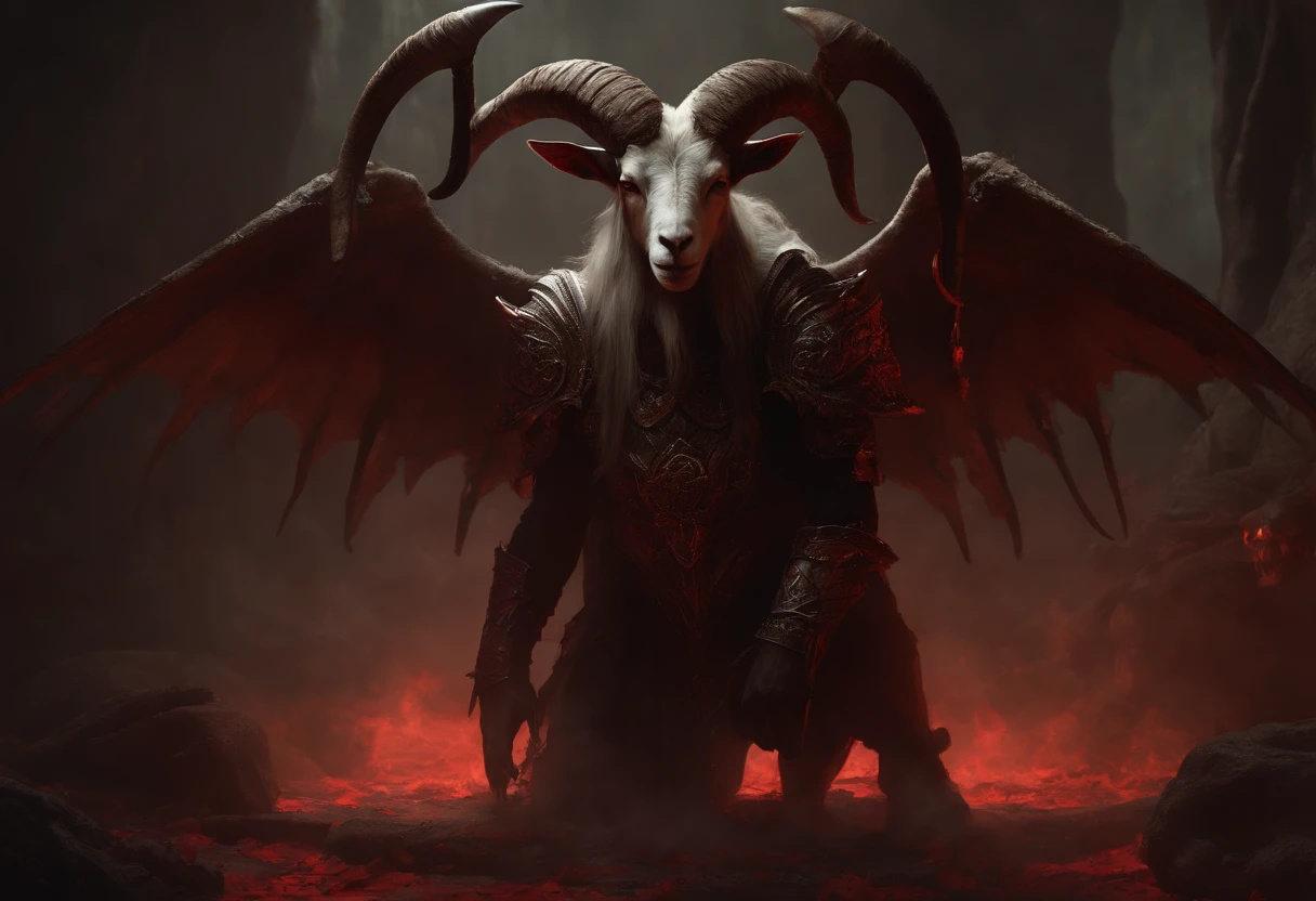 a goat-headed demon with large horns, strong and strong upper body, demon skins, skins, ((claws, wings)), demonic armor, blood splatters, skulls on the ground, standing in a blood ritual, medieval, dark room, dim light, masterpiece, realistic, oil painting