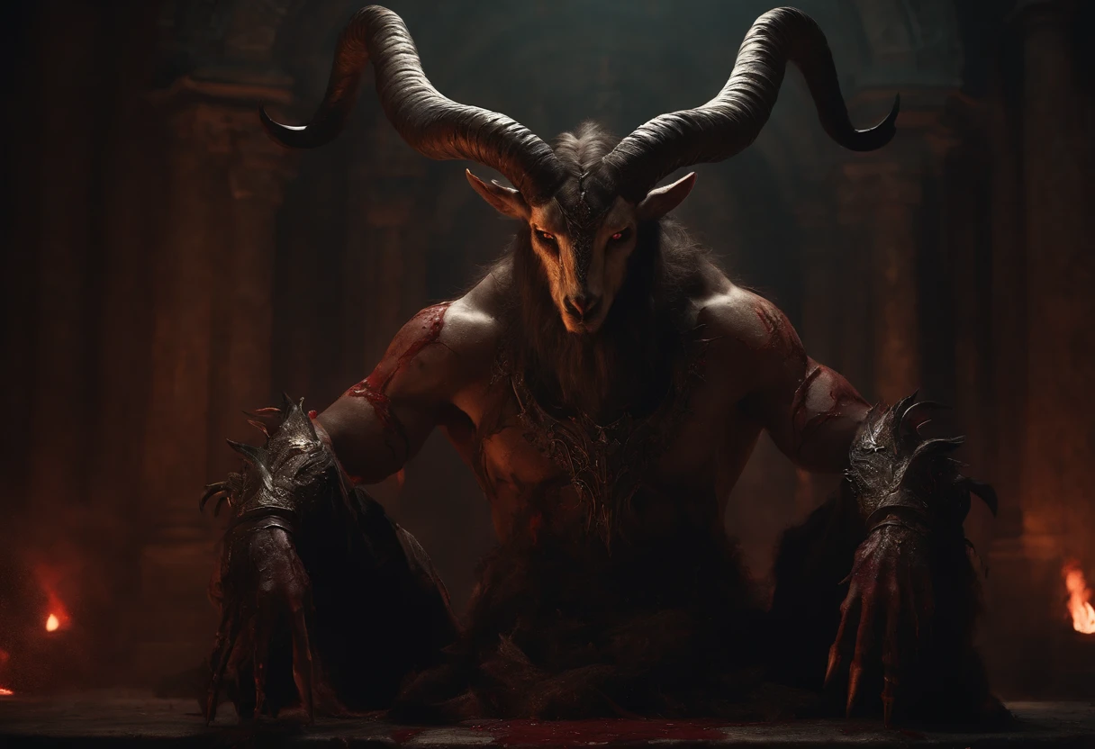 a goat-headed demon with large horns, strong and strong upper body, demon skins, skins, ((claws, wings)), demonic armor, blood splatters, skulls on the ground, standing in a blood ritual, medieval, dark room, dim light, masterpiece, realistic, oil painting