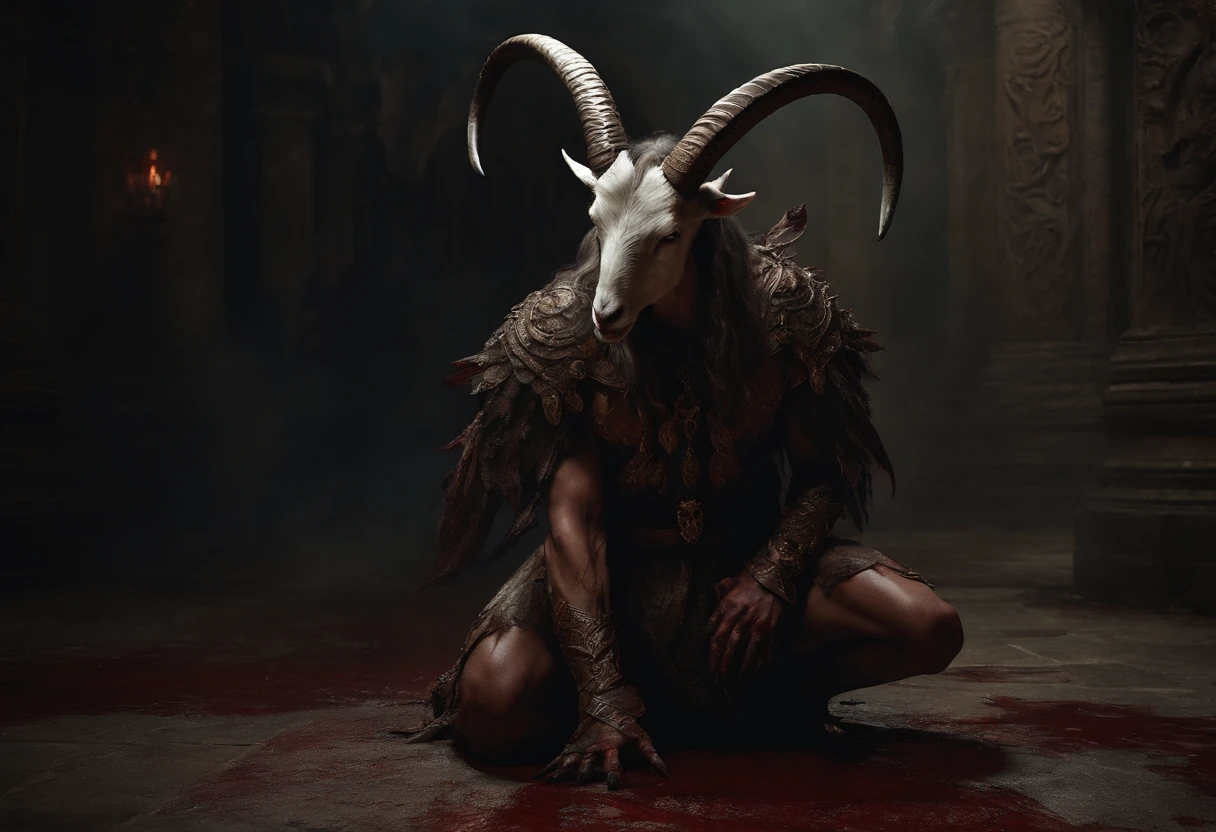 a goat-headed demon with large horns, strong and strong upper body, demon skins, skins, ((claws, wings)), demonic armor, blood splatters, skulls on the ground, standing in a blood ritual, medieval, dark room, dim light, masterpiece, realistic, oil painting