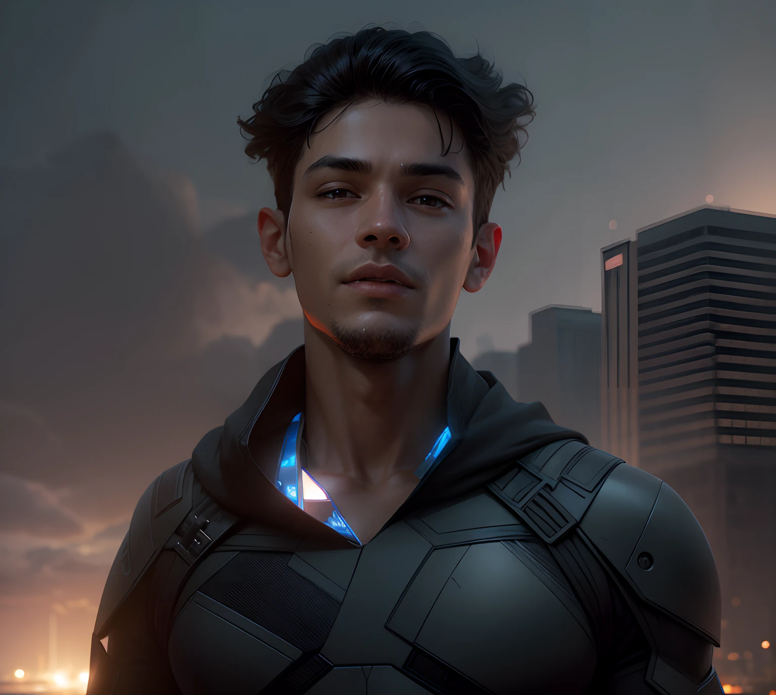 Convert my picture in such a way that half of my face, appears robotic, while the other half remains the same. Also, transform the background into an Avengers-themed setting, like it's from a superhero image