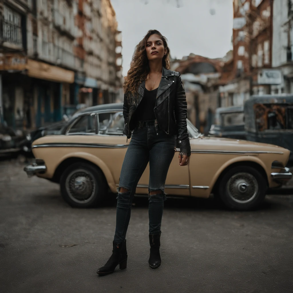 Full body portrait of a fierce and confident woman, dressed in a black leather jacket and ripped jeans, holding a vintage film camera, capturing the essence of rebellion and youth culture. The photograph should showcase a gritty urban setting with graffiti-covered walls, emphasizing the raw energy and edginess of street photography. Lighting should be dramatic, with strong shadows and vibrant neon colors contrasting against the darkness. Capture the moment in hyper-realism, with highly detailed and high-resolution 16k quality, using a Fujifilm X-T3 mirrorless camera with a 35mm f/1.4 lens.