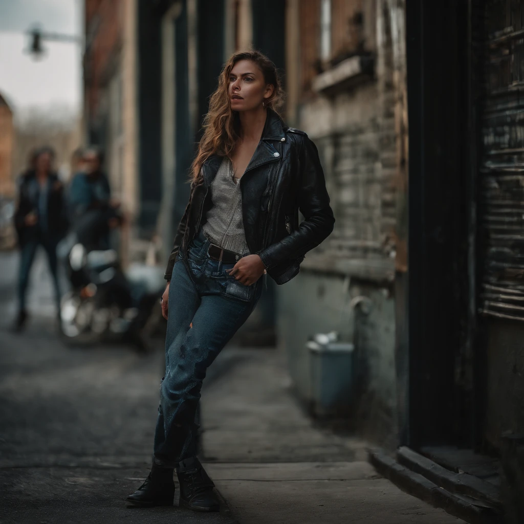 Full body portrait of a fierce and confident woman, dressed in a black leather jacket and ripped jeans, holding a vintage film camera, capturing the essence of rebellion and youth culture. The photograph should showcase a gritty urban setting with graffiti-covered walls, emphasizing the raw energy and edginess of street photography. Lighting should be dramatic, with strong shadows and vibrant neon colors contrasting against the darkness. Capture the moment in hyper-realism, with highly detailed and high-resolution 16k quality, using a Fujifilm X-T3 mirrorless camera with a 35mm f/1.4 lens.