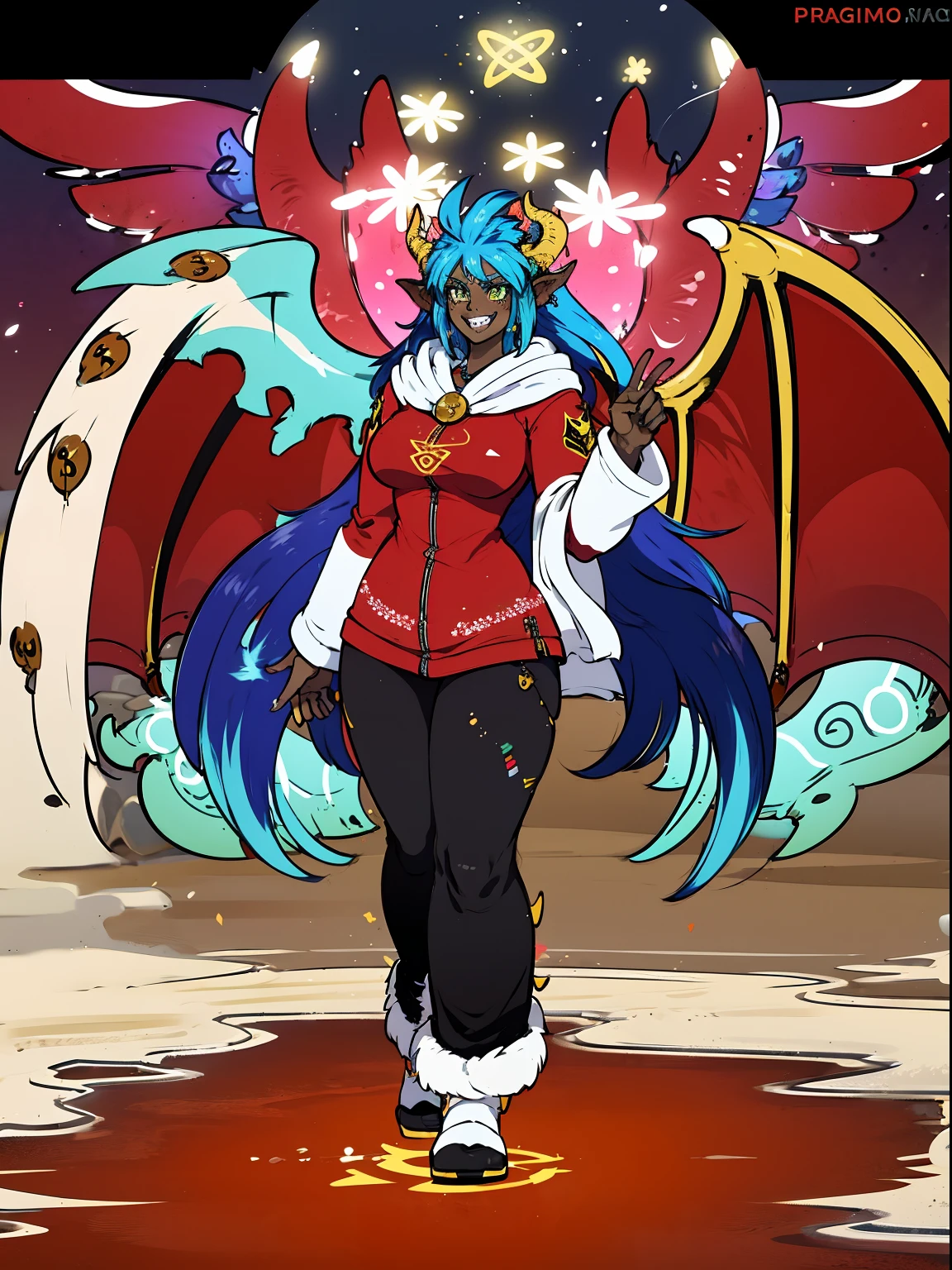 darkskinned-female, horns, dragon wings, ,pullover, pants,, full body, standing, long hair,sharpteeth, atomic, halo, robe, medieval clothing, smile