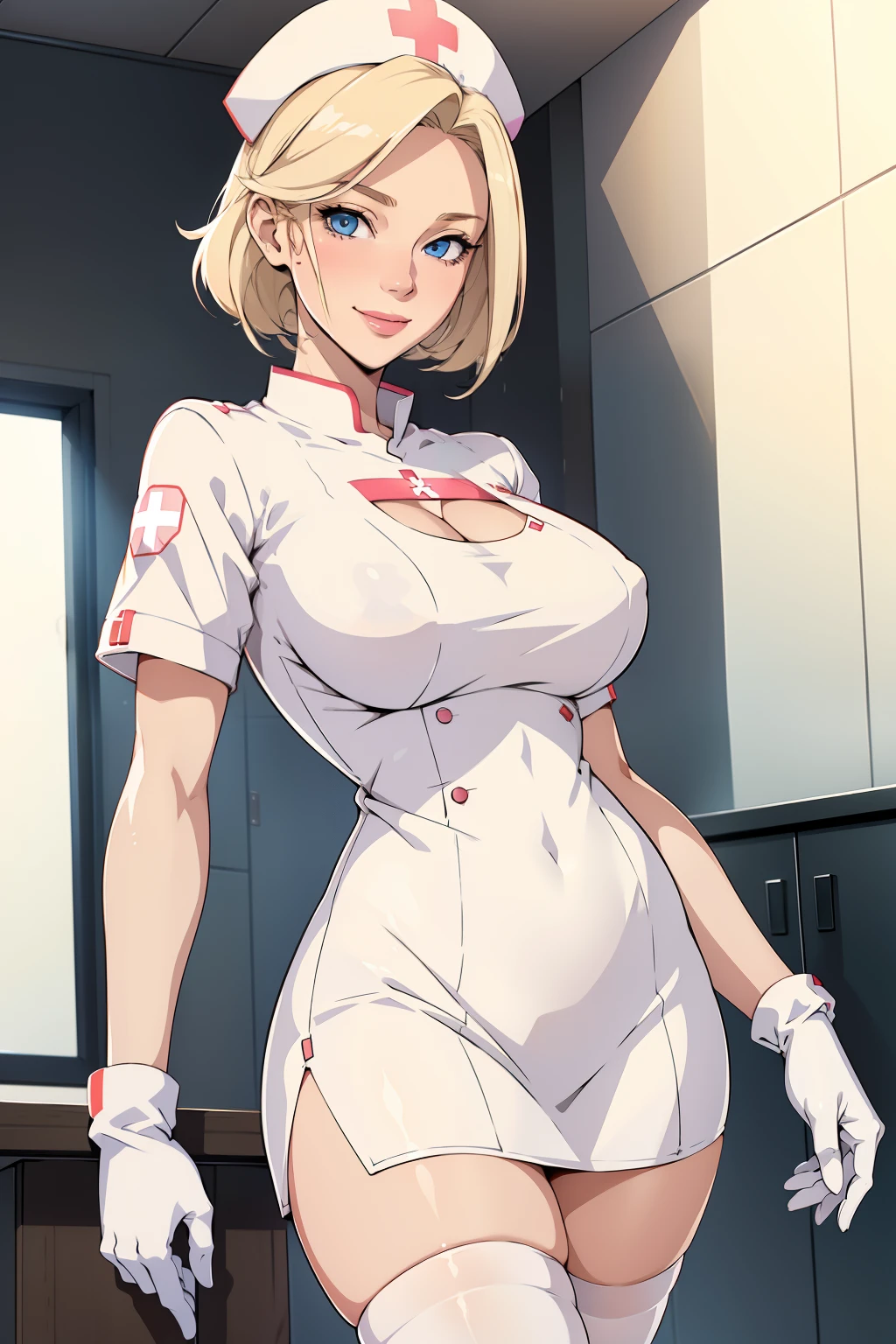 1woman, Nurse, nurse uniform, Nurse Cap, Whiteware, ((White legwear, zettai ryouiki)), White Gloves, Blonde hair, Blue eyes, pink lipsticks, Smile, Standing, sharp outline, Short sleeves, a mature female, 35 year old, Best Quality, masterpiece, infirmary, As chest shows, chest escaping, rain on face, sensuous pose, tit visible