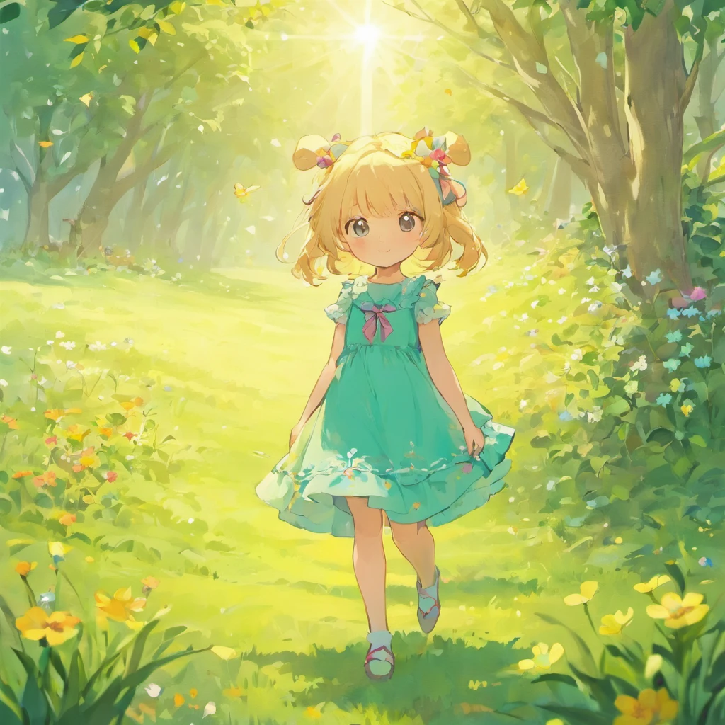 Background: Sunny afternoon
girl:
Blonde hair: Shine in the sun, Part of the hair covers the face, Uncover a sense of mystery
Dark blue eyes: clear and bright, Reveal intelligence and cunning, Staring ahead and smiling
Kurogoro Dress: The style is simple and generous, In the pattern of some small animals, And the neckline and hemline are rounded
Small white sandals: Decorated with colorful bows, Twine around the ankle, Comfortable to wear
Teddy bears and wildflowers in hand: Teddy bear on left hand, The color reflects the girl's dress; Wildflowers are on the right. The flowers are pink and white
grassland:
Green: Bright green is a person々Energize the, Eta、There are some small animals playing on the lawn, Add an interest
Small animals: bunny rabbit, Squirrels and birds, etc., They jump and play on the grass、Creates a happy atmosphere
light source:
From the right side of the girl: The sun shines on her hair, gives a warm glow
Girl's left side: The sun shines through the leaves of the girl's dress, Create soft light and shadow effects