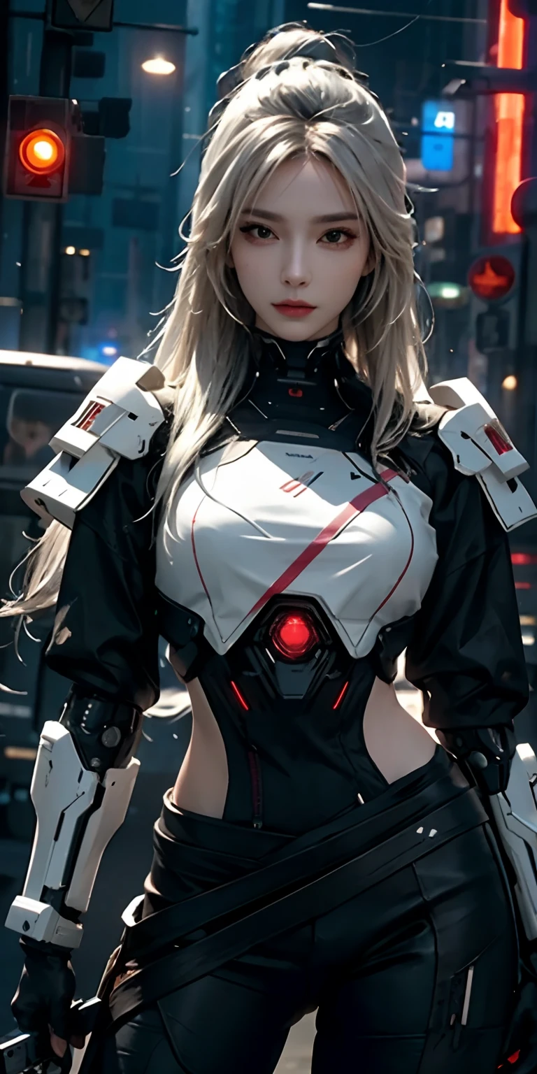 photorealistic, high resolution, soft light,1women, solo, hips up, (detailed face), white long hair, cybersamurai, cyborg, cyberpunk, cyber armor, holding weapon,glowing,gun, sniper, on the street