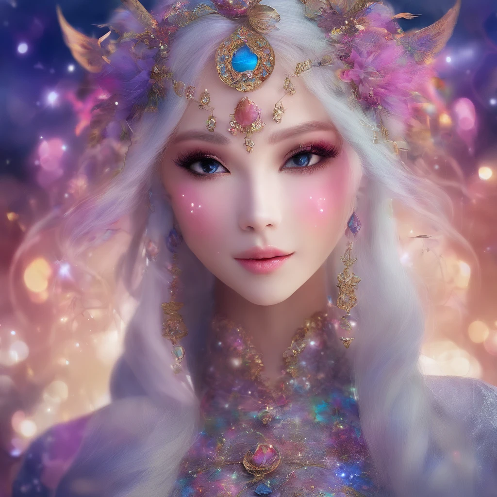 Goddess of Dreams，Multi-colored hair，Chinese Face，delicated face，Skinny face，Bokeh background，dream magical，on focus，tmasterpiece