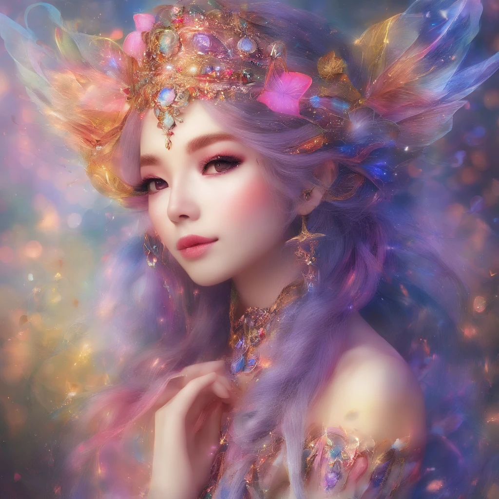 Goddess of Dreams，Multi-colored hair，Chinese Face，delicated face，Skinny face，Bokeh background，dream magical，on focus，tmasterpiece