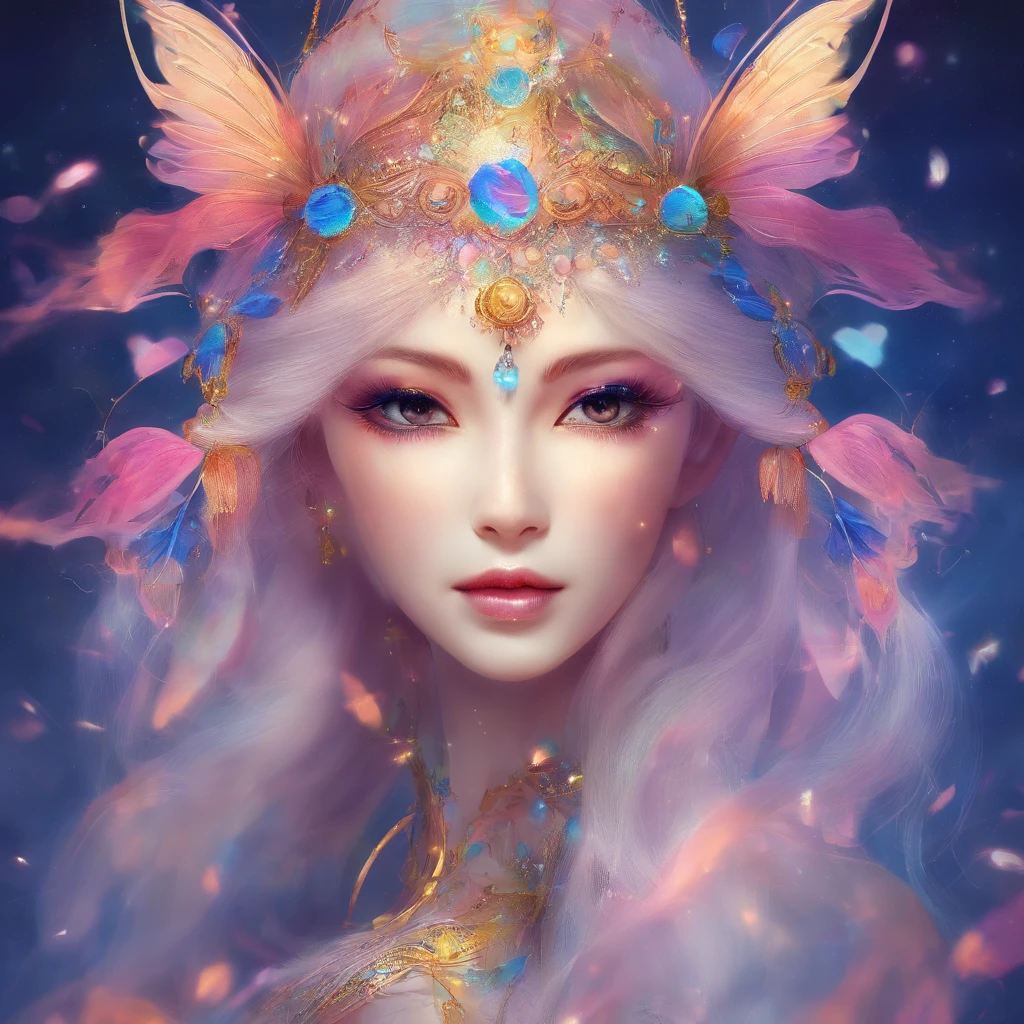 Goddess of Dreams,Multi-colored hair,Chinese Face,delicated face,Skinny face,Bokeh background,dream magical,on focus,tmasterpiece
