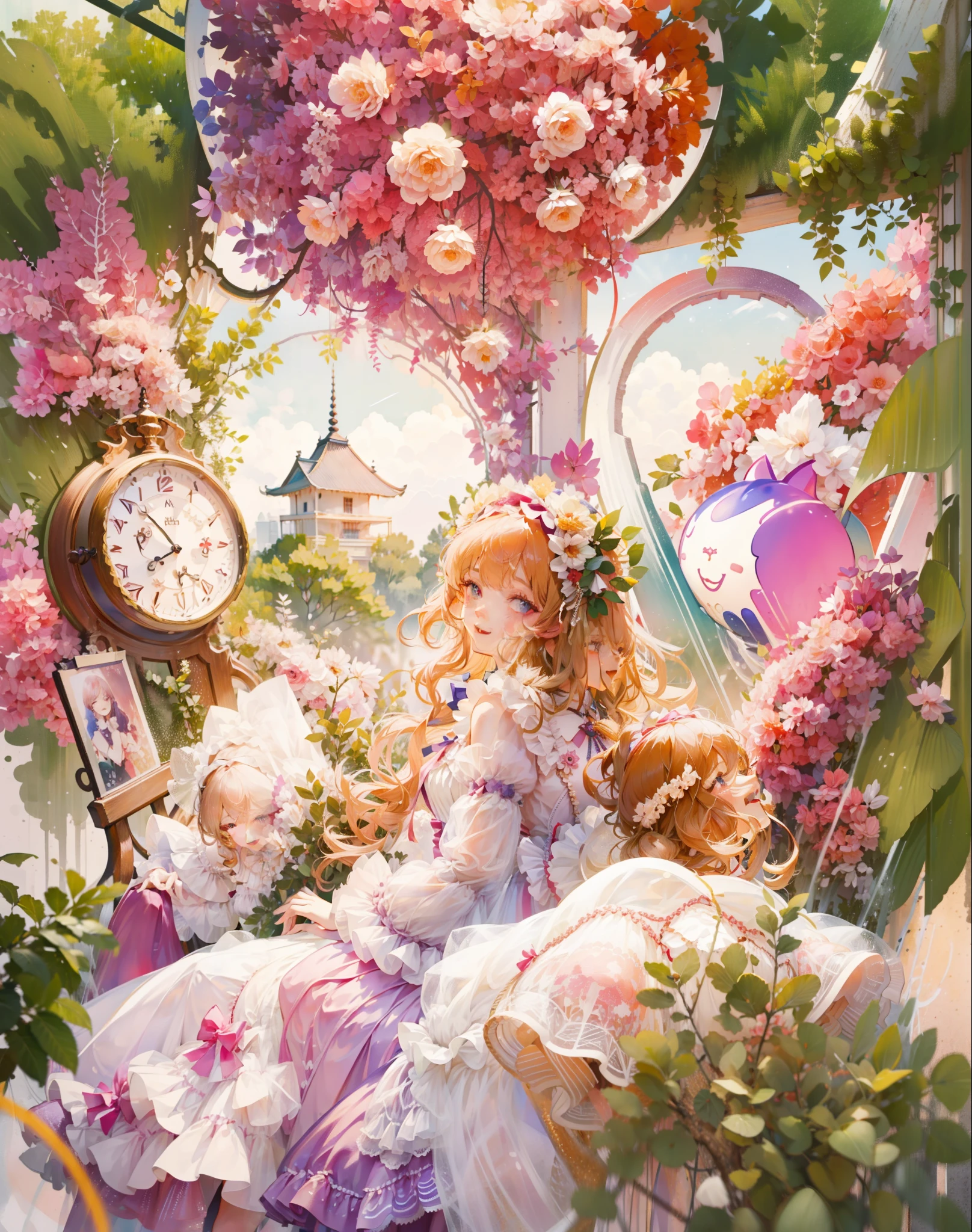 (Extremely delicate and beautiful:1.5),1girll, Sit on a strawberry dessert sundae cup,full bodyesbian,Sweet face,Light smile,By bangs, Gemstone eyes, Contre-Jour,Long curly hair, Lolita dress, brown hair, seen from the side, Lanterns, light particules, longer sleeves, looking at viewert,pink bows,独奏