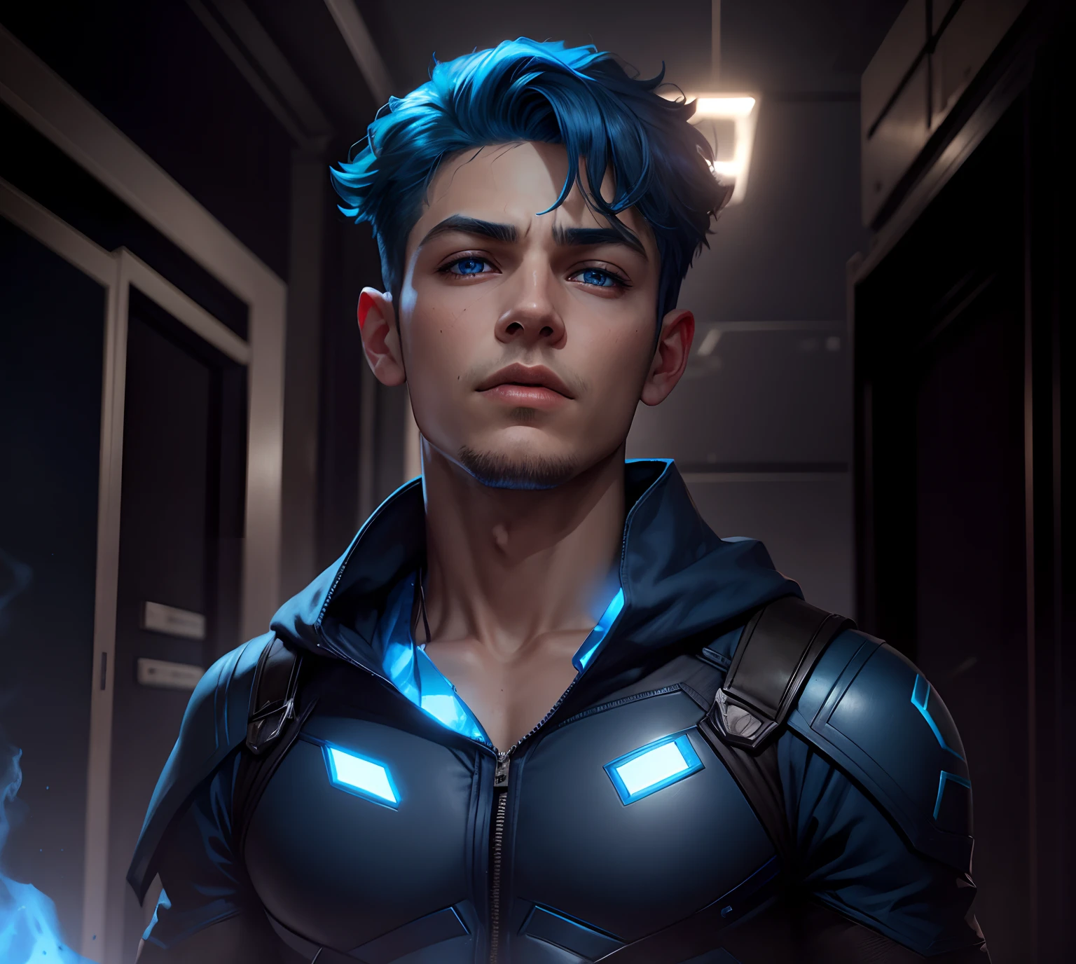 A boy, blue eyes, blue hair, change suit in metal outfit, change background in Avengers