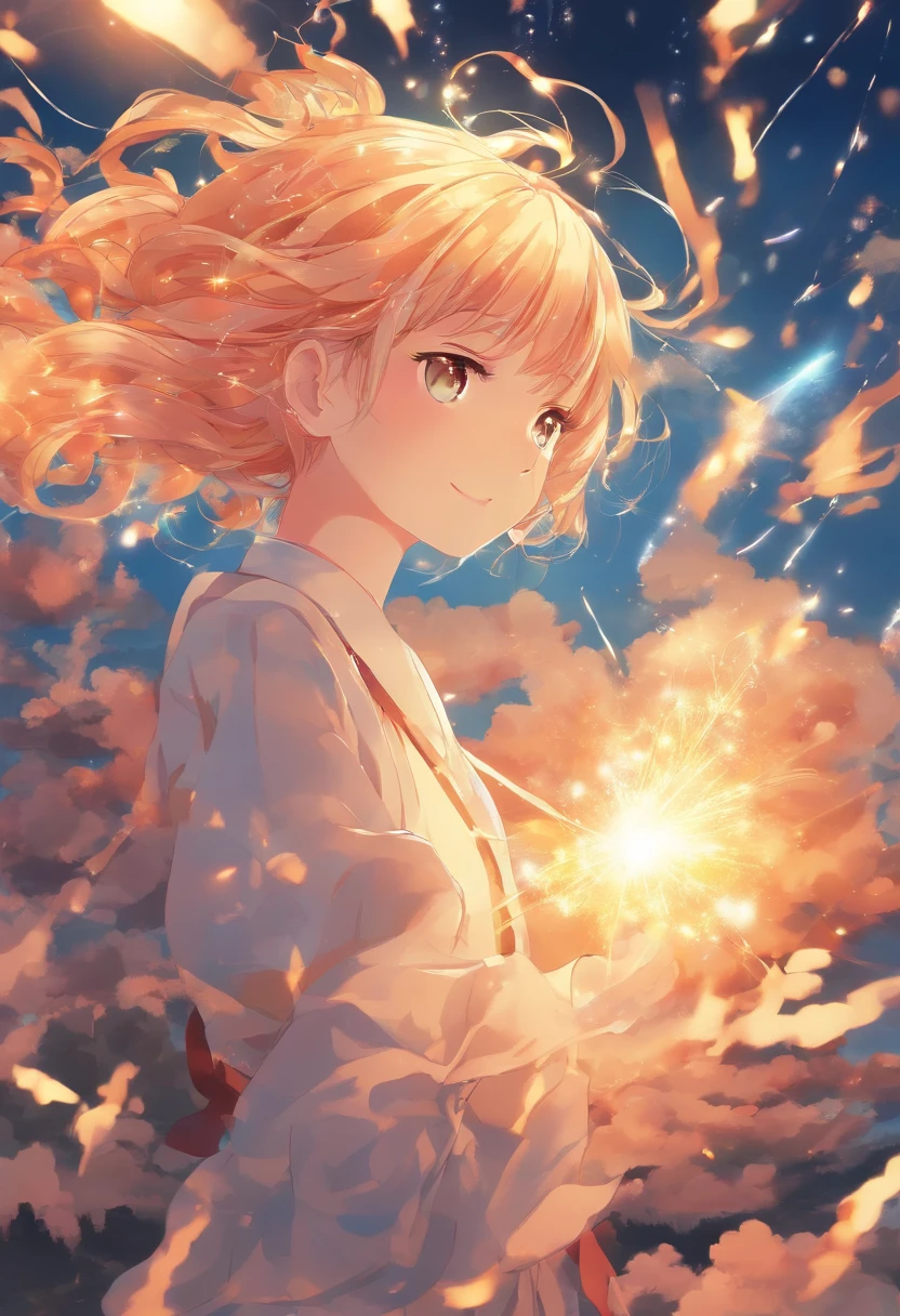 masterpiece, best quality, movie still, 1girl, cloud girl, floating in the sky, close-up, bright, happy, warm soft lighting, sunset, (sparks:1.7)