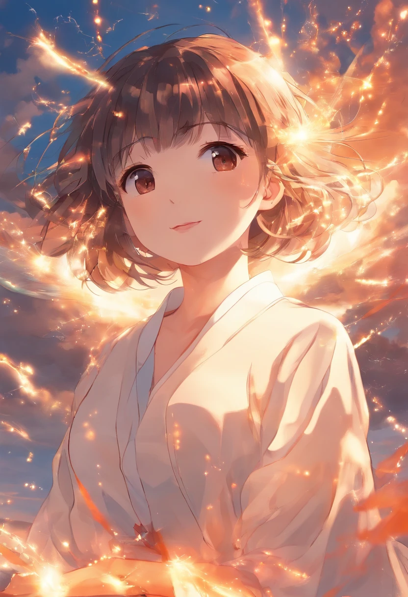 masterpiece, best quality, movie still, 1girl, cloud girl, floating in the sky, close-up, bright, happy, warm soft lighting, sunset, (sparks:1.7)