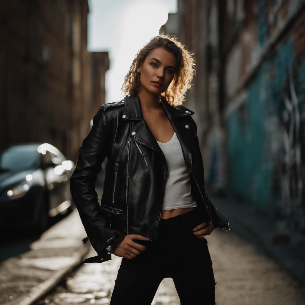 Full body portrait of a fierce and confident woman, dressed in a black leather jacket and ripped jeans, holding a vintage film camera, capturing the essence of rebellion and youth culture. The photograph should showcase a gritty urban setting with graffiti-covered walls, emphasizing the raw energy and edginess of street photography. Lighting should be dramatic, with strong shadows and vibrant neon colors contrasting against the darkness. Capture the moment in hyper-realism, with highly detailed and high-resolution 16k quality, using a Fujifilm X-T3 mirrorless camera with a 35mm f/1.4 lens.