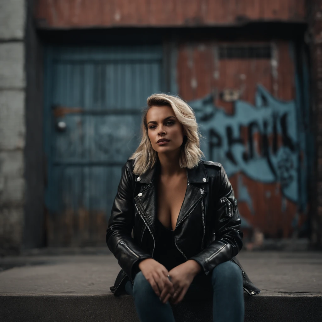 Full body portrait of a fierce and confident woman, dressed in a black leather jacket and ripped jeans, holding a vintage film camera, capturing the essence of rebellion and youth culture. The photograph should showcase a gritty urban setting with graffiti-covered walls, emphasizing the raw energy and edginess of street photography. Lighting should be dramatic, with strong shadows and vibrant neon colors contrasting against the darkness. Capture the moment in hyper-realism, with highly detailed and high-resolution 16k quality, using a Fujifilm X-T3 mirrorless camera with a 35mm f/1.4 lens.