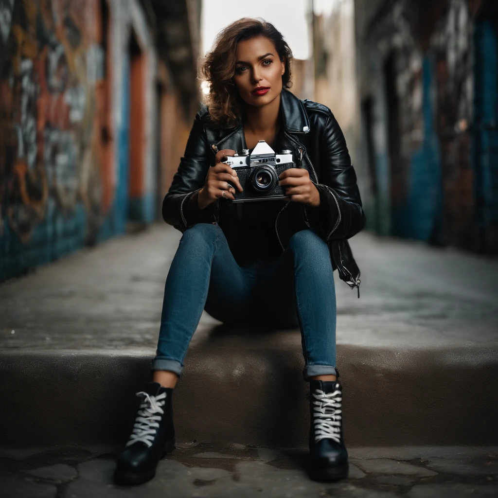 Full body portrait of a fierce and confident woman, dressed in a black leather jacket and ripped jeans, holding a vintage film camera, capturing the essence of rebellion and youth culture. The photograph should showcase a gritty urban setting with graffiti-covered walls, emphasizing the raw energy and edginess of street photography. Lighting should be dramatic, with strong shadows and vibrant neon colors contrasting against the darkness. Capture the moment in hyper-realism, with highly detailed and high-resolution 16k quality, using a Fujifilm X-T3 mirrorless camera with a 35mm f/1.4 lens.