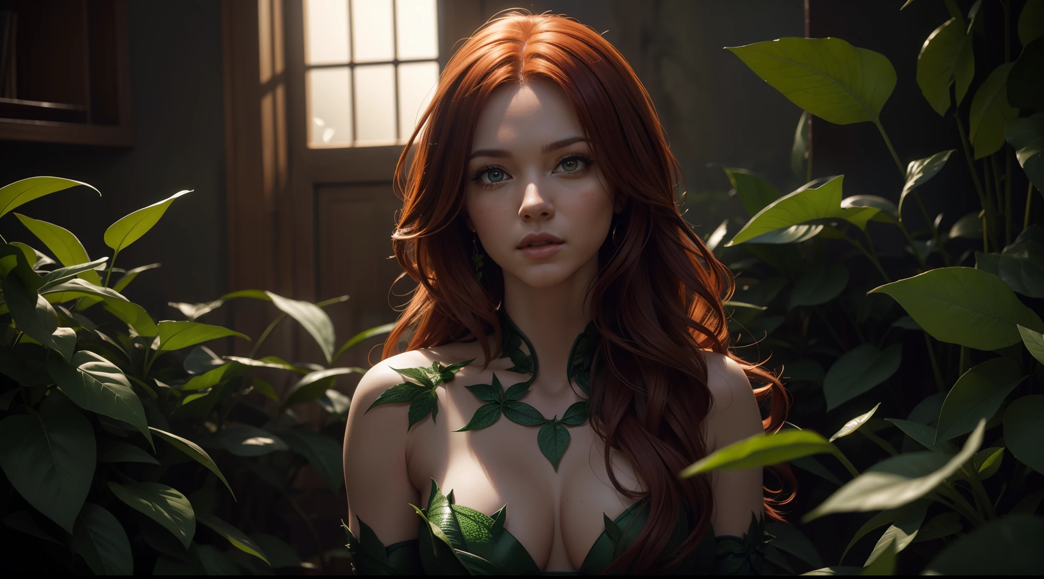 Poison Ivy из DC Comics, CGI with clear focus, Photorealistic, high detail, Realistic, Masterpiece, absurdress, Best Quality, HDR, hiquality, hight resolution, Extremely detailed, 8k wallpaper, intricate details, 8K UHD, Full-HD, (foto realista:1.2), Contrast, sharp lighting, Cinematic lighting, natural lighting, hard light, Backlighting, Global Illumination, Environment Occlusion