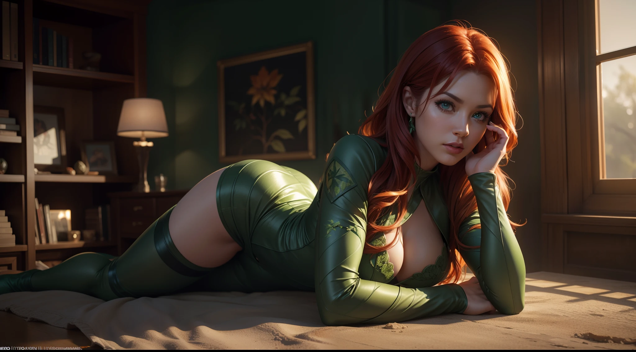 Poison Ivy (huge сиськи) из DC Comics, CGI with clear focus, Photorealistic, high detail, Realistic, Masterpiece, absurdress, Best Quality, HDR, hiquality, hight resolution, Extremely detailed, 8k wallpaper, intricate details, 8K UHD, Full-HD, (foto realista:1.2), Contrast, sharp lighting, Cinematic lighting, natural lighting, hard light, Backlighting, Global Illumination, Environment Occlusion