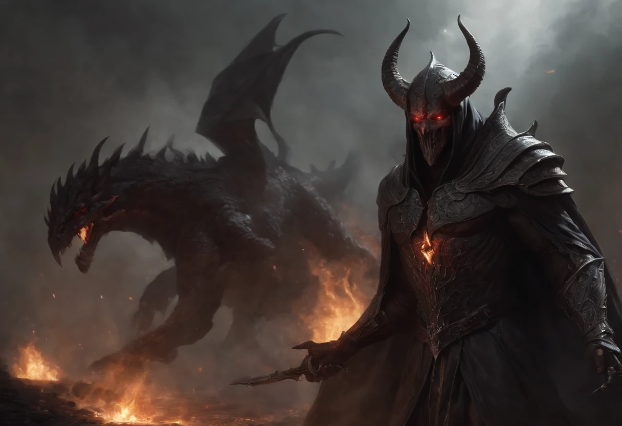 (masterpiece:1.2), (best quality:1.2) Nihilus is one of the five main demons in the new RPG, an evil entity that personifies desolation and destruction. Its appearance is colossal and imposing, emanating an aura of darkness and chaos. He is depicted as a gigantic figure, about ten feet tall. The form of Nihilus is distorted and monstrous. Your body is made up of shadows and flames, as if it were constantly changing. It does not have a stable physical form, looking like a black mass in constant motion. Black flames rise from cracks in its surface, creating a sinister atmosphere around it. The head of Nihilus is a grotesque combination of animal and human characteristics. His eyes are bright and fierce, with red irises that seem to penetrate the soul. It has a mouth full of sharp fangs, capable of emitting a deafening roar that echoes through desolation. Its limbs are long and slender, shrouded in undulating shadows that seem to take on a life of their own. His hands end in curved, pointed claws, capable of delivering devastating blows. As he moves, a trail of destruction and darkness spreads across the ground, as if everything he touched was consumed by desolation. In his drawing, Nihilus is depicted in a desolate and ruined environment, with desert landscapes and burning debris all around him. His presence dominates the scene, and the light seems to dissipate in his proximity, plunging everything into darkness. He is in a haughty and menacing posture, radiating a sense of supreme power. Nihilus' drawing conveys an atmosphere of despair and destruction, capturing his essence as the Lord of Desolation. Your presence in the RPG will pose an epic and terrifying challenge, pitting players against an enemy that seeks to reduce everything to ruin and darkness.