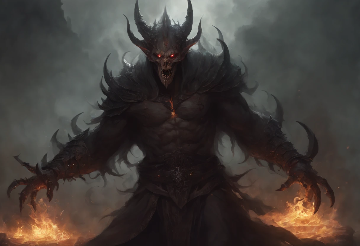 (masterpiece:1.2), (best quality:1.2) Nihilus is one of the five main demons in the new RPG, an evil entity that personifies desolation and destruction. Its appearance is colossal and imposing, emanating an aura of darkness and chaos. He is depicted as a gigantic figure, about ten feet tall. The form of Nihilus is distorted and monstrous. Your body is made up of shadows and flames, as if it were constantly changing. It does not have a stable physical form, looking like a black mass in constant motion. Black flames rise from cracks in its surface, creating a sinister atmosphere around it. The head of Nihilus is a grotesque combination of animal and human characteristics. His eyes are bright and fierce, with red irises that seem to penetrate the soul. It has a mouth full of sharp fangs, capable of emitting a deafening roar that echoes through desolation. Its limbs are long and slender, shrouded in undulating shadows that seem to take on a life of their own. His hands end in curved, pointed claws, capable of delivering devastating blows. As he moves, a trail of destruction and darkness spreads across the ground, as if everything he touched was consumed by desolation. In his drawing, Nihilus is depicted in a desolate and ruined environment, with desert landscapes and burning debris all around him. His presence dominates the scene, and the light seems to dissipate in his proximity, plunging everything into darkness. He is in a haughty and menacing posture, radiating a sense of supreme power. Nihilus' drawing conveys an atmosphere of despair and destruction, capturing his essence as the Lord of Desolation. Your presence in the RPG will pose an epic and terrifying challenge, pitting players against an enemy that seeks to reduce everything to ruin and darkness.