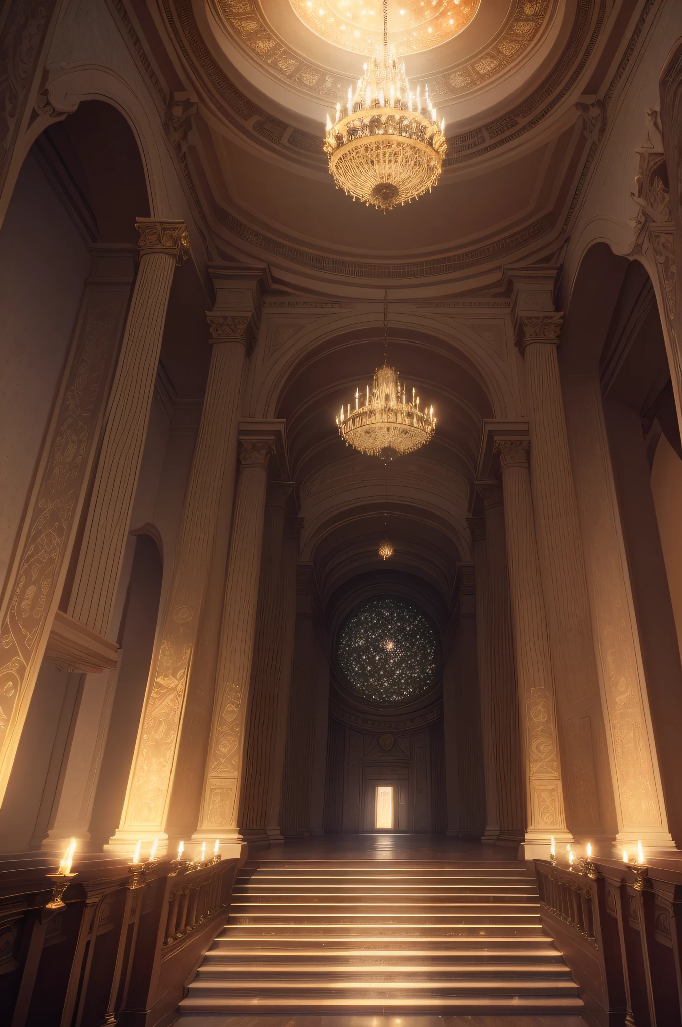 A magnificant decadent hall that tapers towards eternity in a sea of birthing stars that herald the start of a nexus of incandescent possibilities