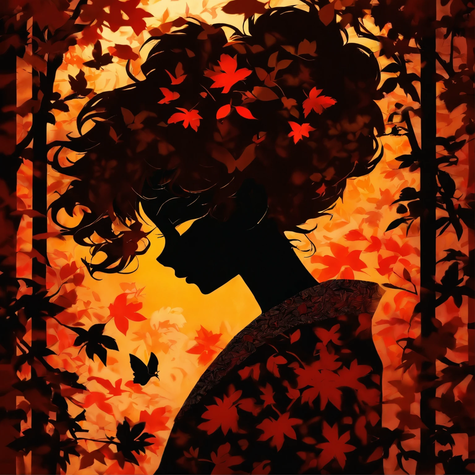 (Silhouette Art,cutouts:1.6)
(((Paper cutting art,A world where only black exists:1.3)
(Cowboy Shot),1 girl,Solo,
(Kimono Girl,profile:1.2),white, Clear and beautiful face,Black cat at feet
break
(Colored leaves、amarelo Red:1.1)
Textured glass background,