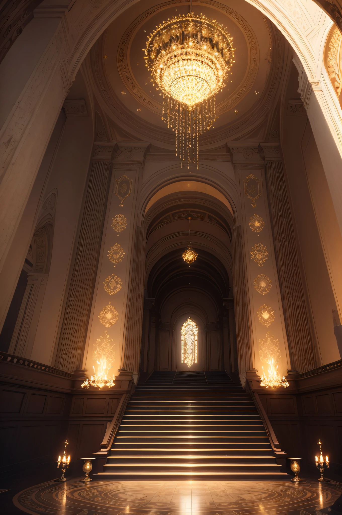 A magnificant decadent hall that tapers towards eternity in a sea of birthing stars that herald the start of a nexus of incandescent possibilities