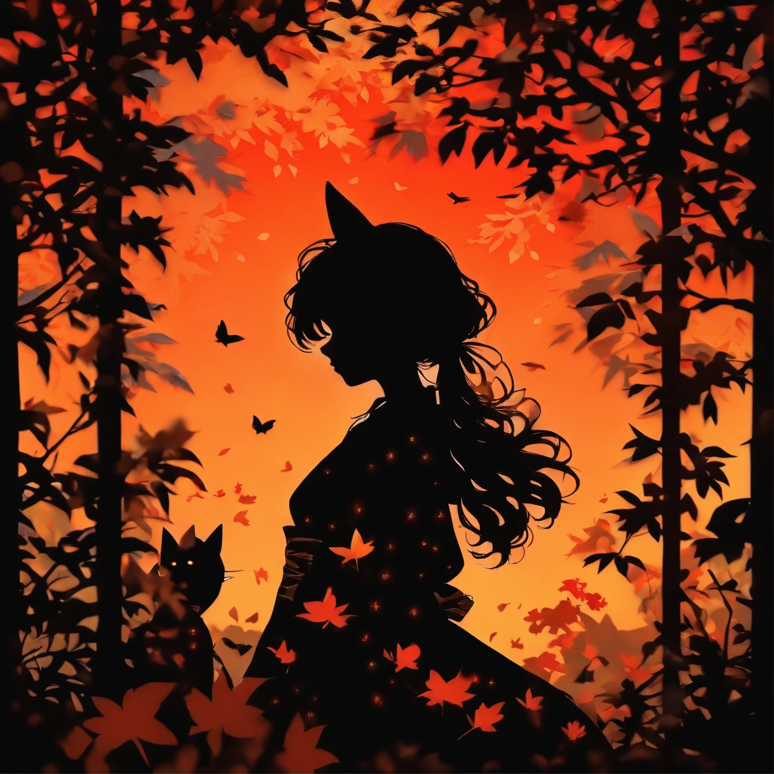 (Silhouette Art,cutouts:1.6)
(((Paper cutting art,A world where only black exists:1.3)

(Cowboy Shot),1 girl,Solo,
(Kimono Girl,profile:1.2),white, Clear and beautiful face,Black cat at feet

break
(Colored leaves、amarelo　Red:1.1)
Textured glass background,