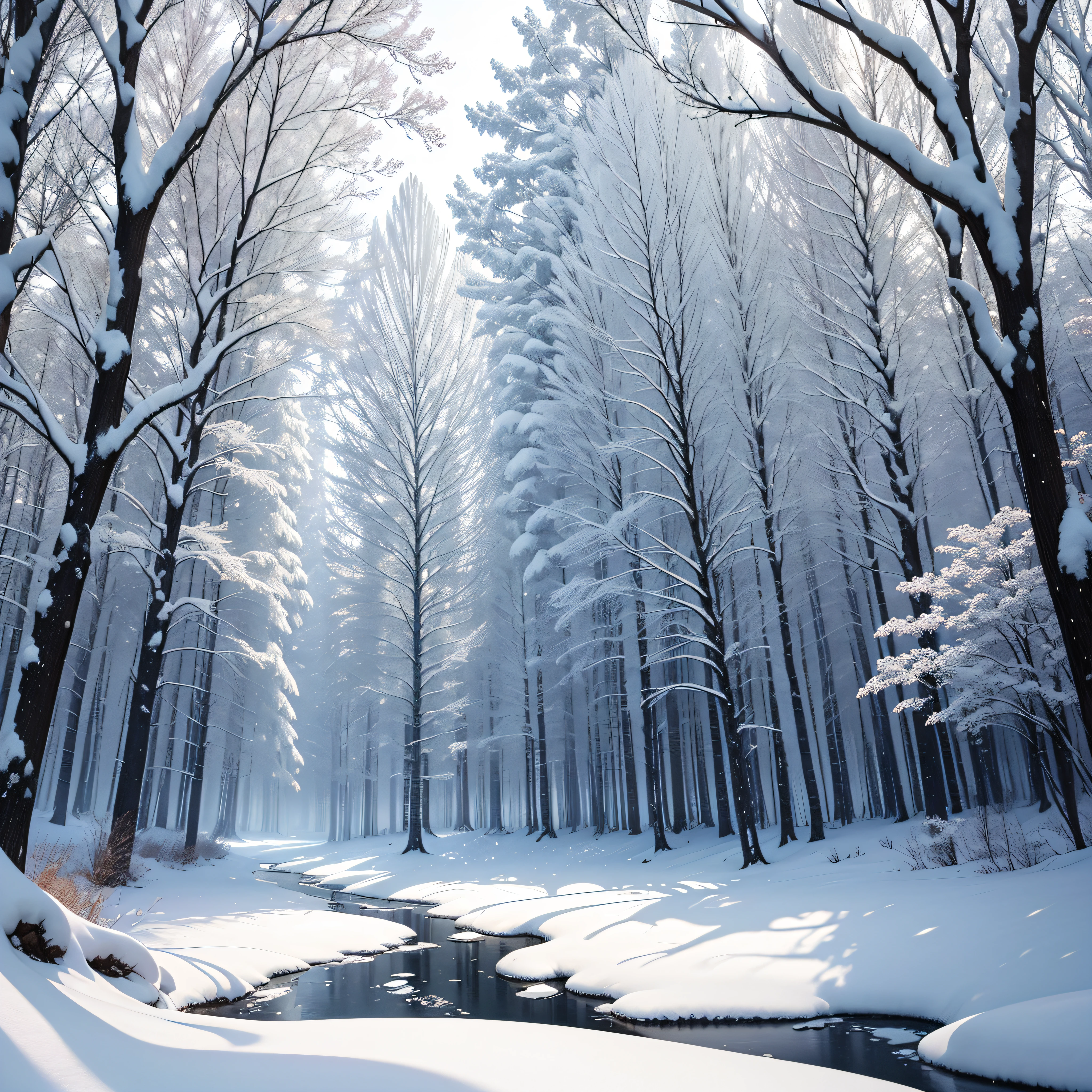 White Winter Wonderland: A breathtaking snowy landscape with trees covered in frost, creating a peaceful winter wonderland.
