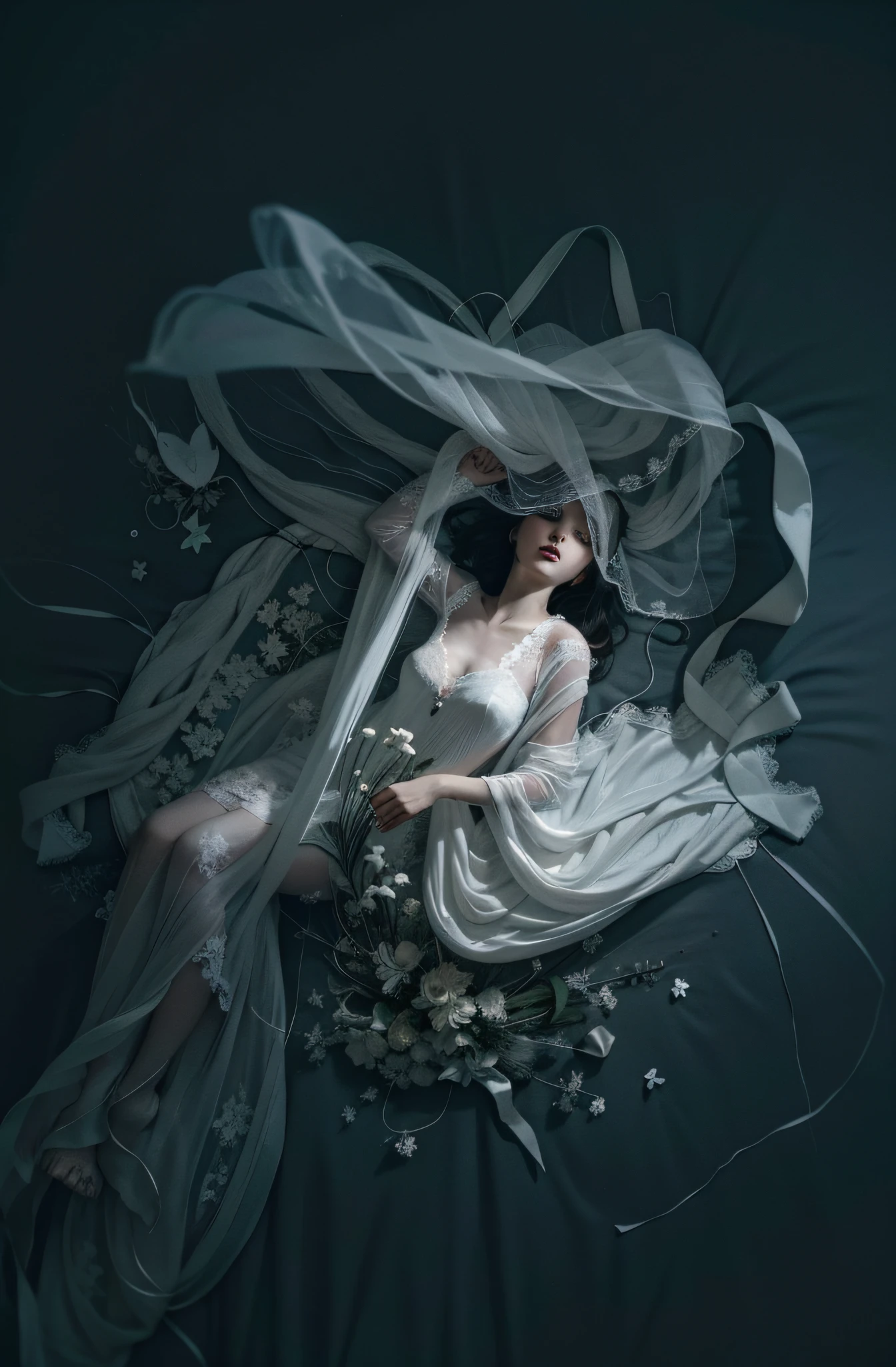 there is a woman in a white dress laying on a bed, inspired by Brooke Shaden, enveloped in ghosts, floating ghost, a stunning young ethereal figure, ghostly form, dreamy and ethereal and dark, covered with cobwebs and dust, ghost of a young girl, ghostly figure, she is floating in the air, a still of an ethereal