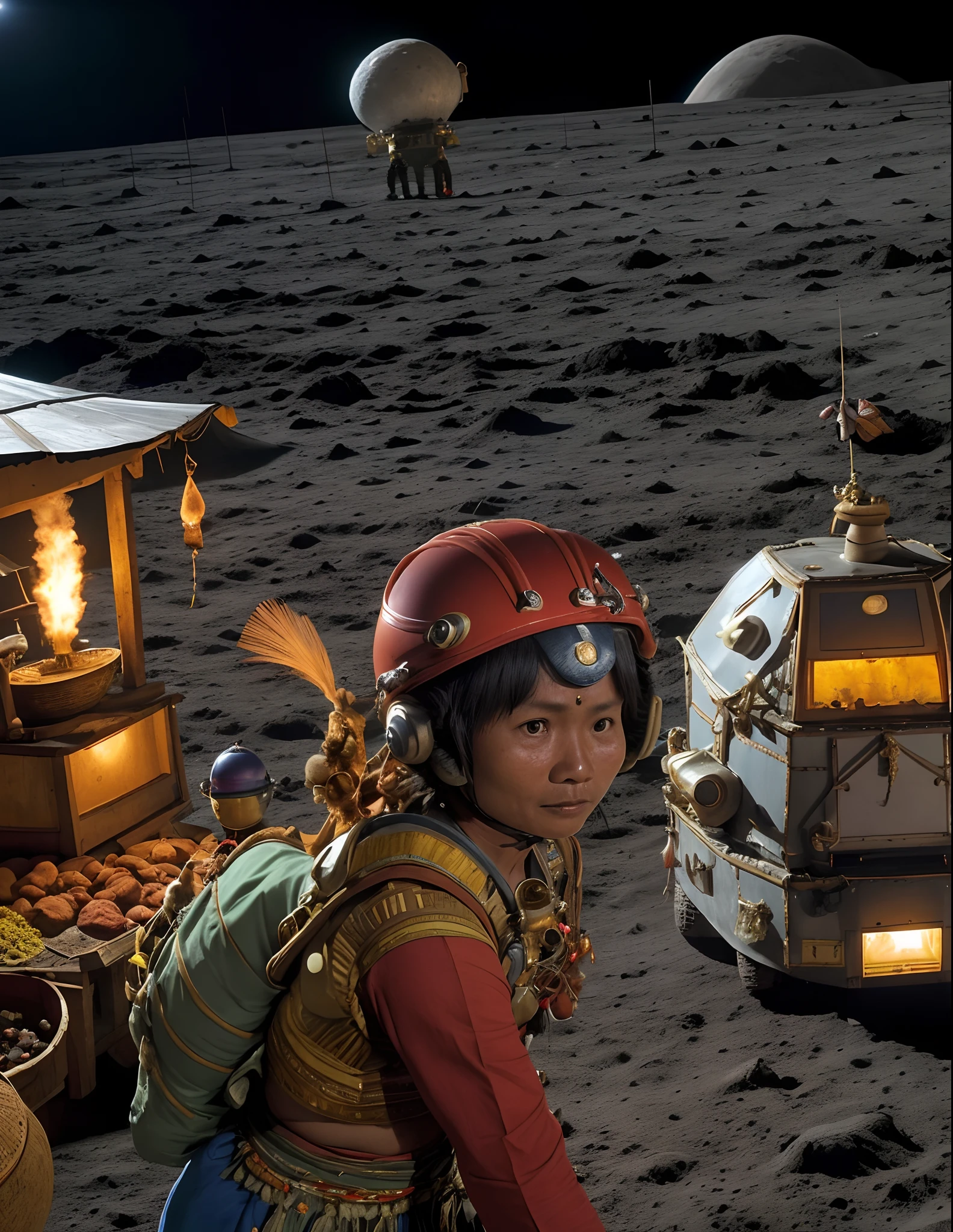 Indonesians people at the tradisional market, roll out shanties, ((peoples wearing astronout helmet)),on the moon, (moon landscape), in front is  Indian rocket landing on the moon, at night, earth is looks above scenery,