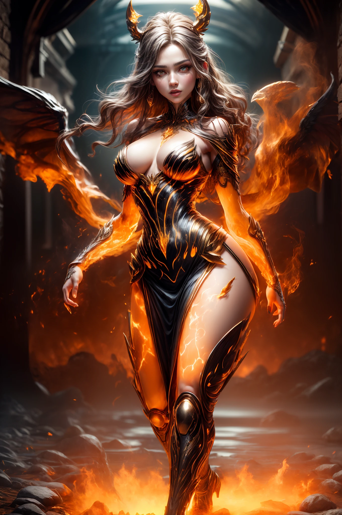 This is a realistic fantasy artwork prominently featuring realistic fire, including wisps of flames, glowing hot embers, subtle curls of smoke, and a beautiful fire druid. The druid stands in the midst of a raging inferno with an interesting composition. Her face is expertly sculpted, with elegant and refined features and perfect shading and realistic skin texture. Her (orange and gold eyes) are stunning and are the focal point of this image. (Her eyes extremely detailed, beautiful detailed eyes, and macro). Her eyes feature intricate detailing with clearly defined irises and bright sclera. Her soft lips are smooth and very puffy, and her skin is adorned with a light flush and ornate fire detailing. Her long gown is stunning and expensive, and is made of pure flames and glittering, ornate jewels that glimmer in the fire light. Her billowing gown glitters from the flames and features a delicately and intricately embroidered bodice with wisps of flames running across it. Include fantasy elements like bumps, stones, fiery iridescence, glowing embers, silk, and an interesting background. Include fiery magical creatures such as fiery birds and fiery butterflies that give off a magical and mystical aura. Lighting: Utilize the latest trends in lighting to enhance the artwork's beauty. Camera: Utilize dynamic composition to create a sense of urgency and excitement. Take inspiration from the current masters of the fantasy genre, including trending artists on Artstation and Midjourney. ((masterpiece))