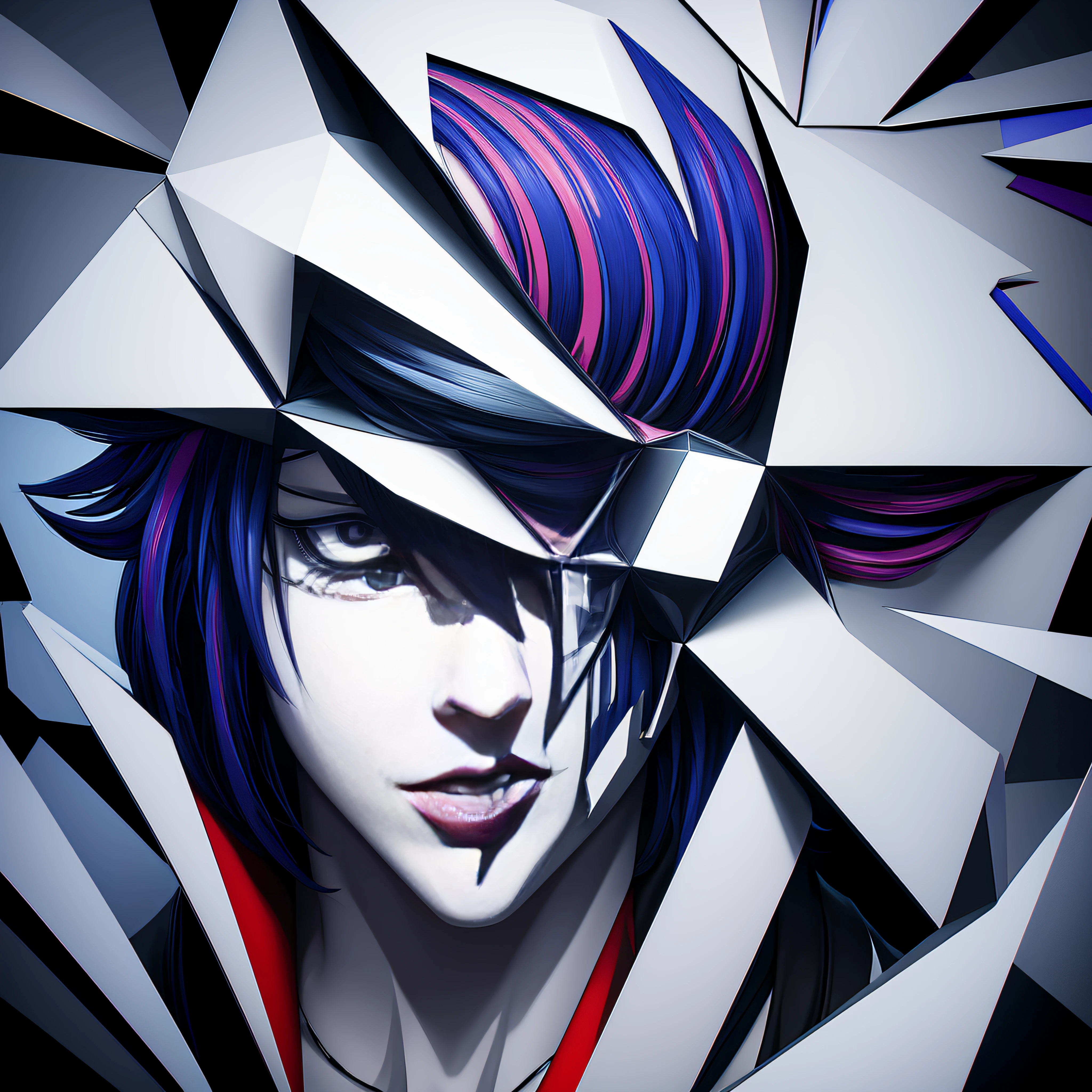 Create a captivating digital artwork that showcases Detective L from Death Note in a cubist-inspired style. Transform L's iconic face into a fragmented composition, emphasizing angular forms, vibrant colors, and intersecting planes. Experiment with different perspectives and optical illusions to echo the enigmatic nature of this brilliant detective.