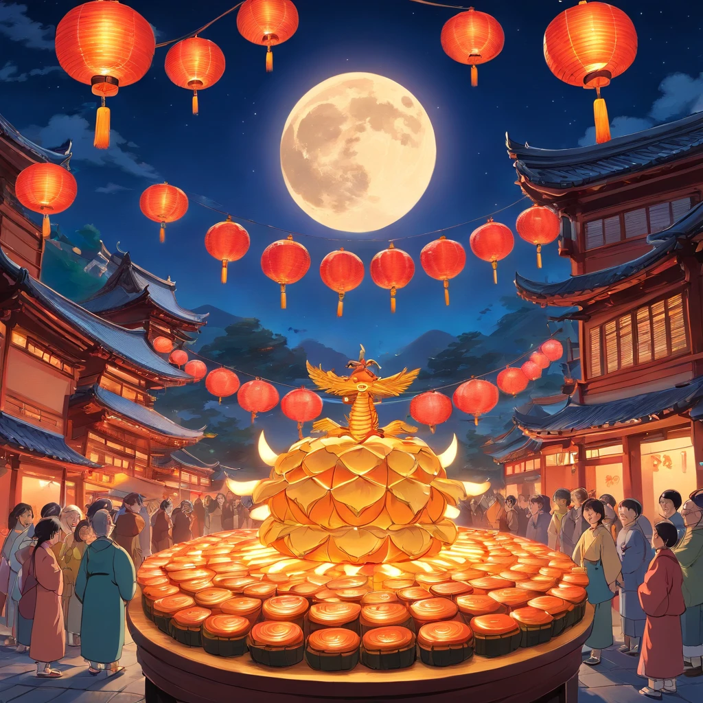 Festive lanterns, Family reunion, Moon cake, Moon viewing, Impressionism, Qi Baishi, Dragon dance, Panoramic view, Warm light, Holiday light, Colorful light