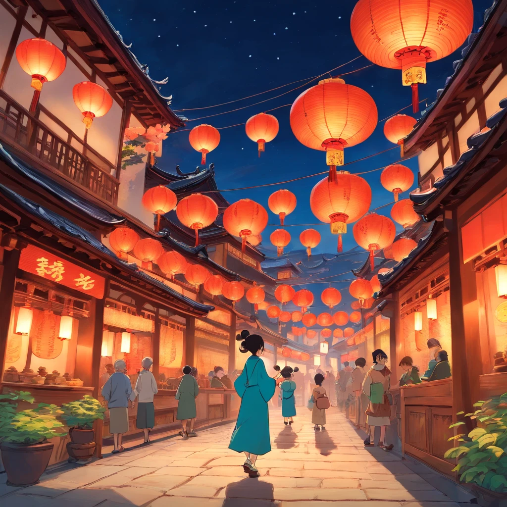 Festive lanterns, Family reunion, Moon cake, Moon viewing, Impressionism, Qi Baishi, Dragon dance, Panoramic view, Warm light, Holiday light, Colorful light