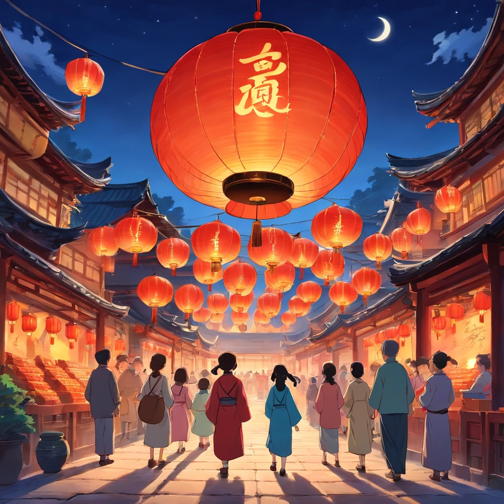 Festive lanterns, Family reunion, Moon cake, Moon viewing, Impressionism, Qi Baishi, Dragon dance, Panoramic view, Warm light, Holiday light, Colorful light