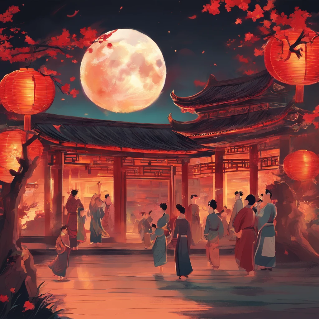 Festive lanterns, Family reunion, Moon cake, Moon viewing, Impressionism, Qi Baishi, Dragon dance, Panoramic view, Warm light, Holiday light, Colorful light