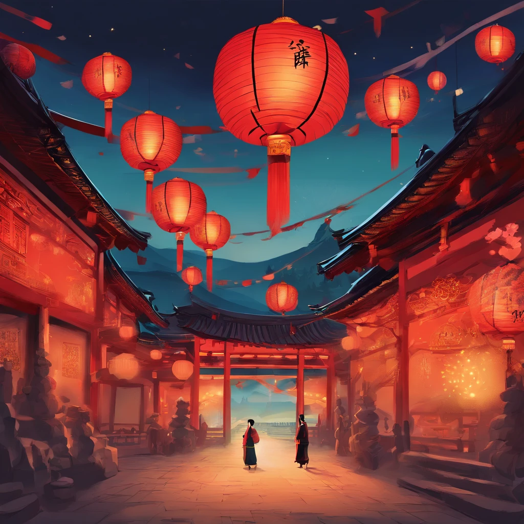Festive lanterns, Family reunion, Moon cake, Moon viewing, Impressionism, Qi Baishi, Dragon dance, Panoramic view, Warm light, Holiday light, Colorful light