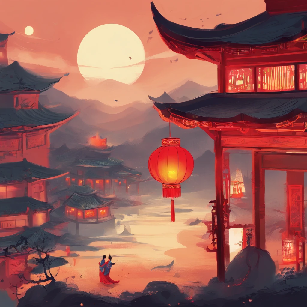 Festive lanterns, Family reunion, Moon cake, Moon viewing, Impressionism, Qi Baishi, Dragon dance, Panoramic view, Warm light, Holiday light, Colorful light