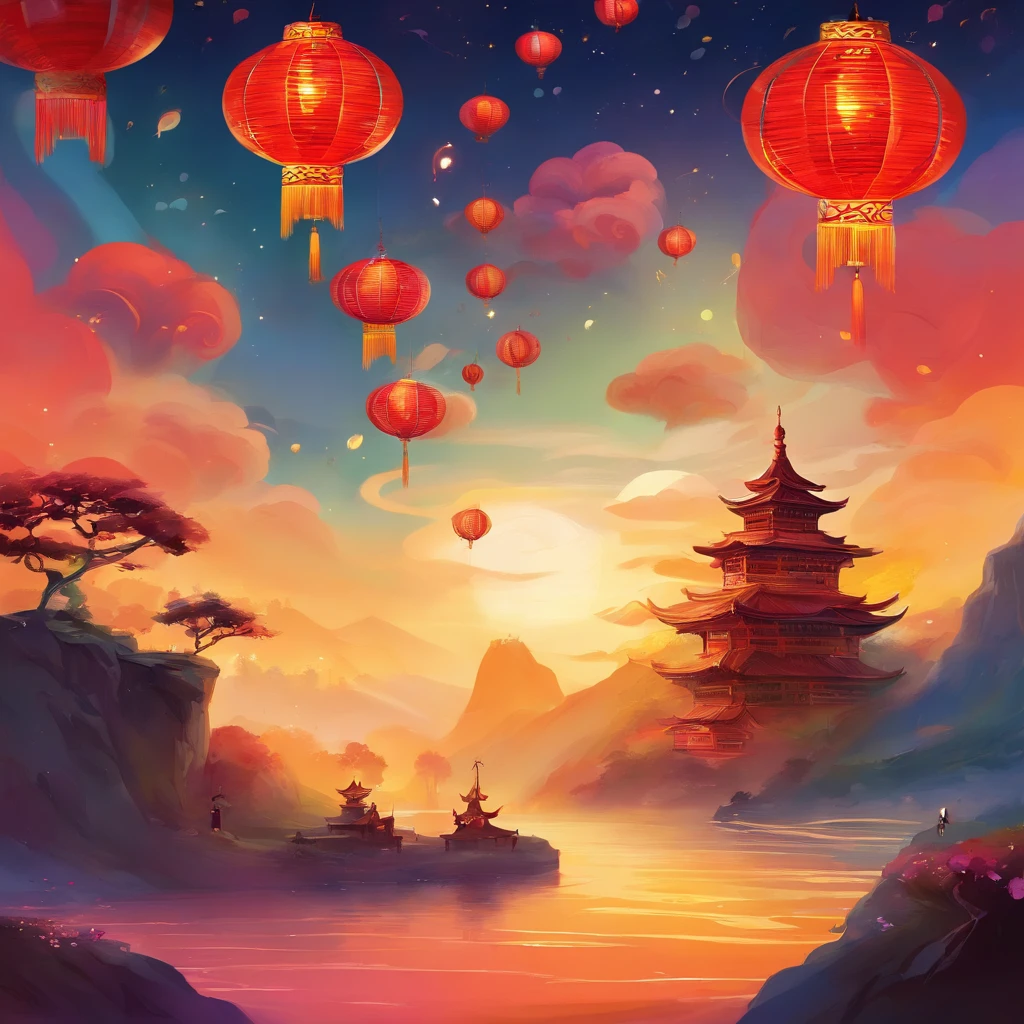 Festive lanterns, Family reunion, Moon cake, Moon viewing, Impressionism, Qi Baishi, Dragon dance, Panoramic view, Warm light, Holiday light, Colorful light