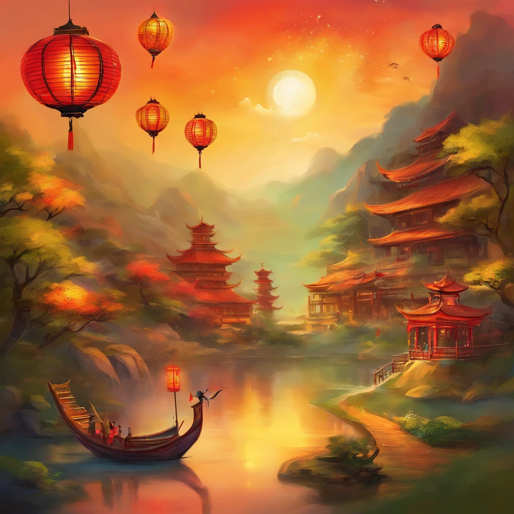 Festive lanterns, Family reunion, Moon cake, Moon viewing, Impressionism, Qi Baishi, Dragon dance, Panoramic view, Warm light, Holiday light, Colorful light