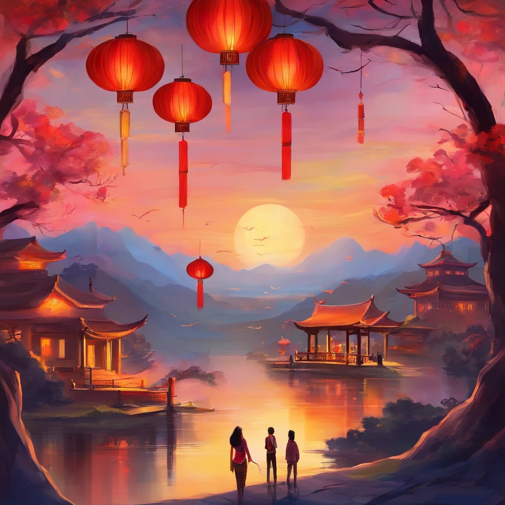 Festive lanterns, Family reunion, Moon cake, Moon viewing, Impressionism, Qi Baishi, Dragon dance, Panoramic view, Warm light, Holiday light, Colorful light