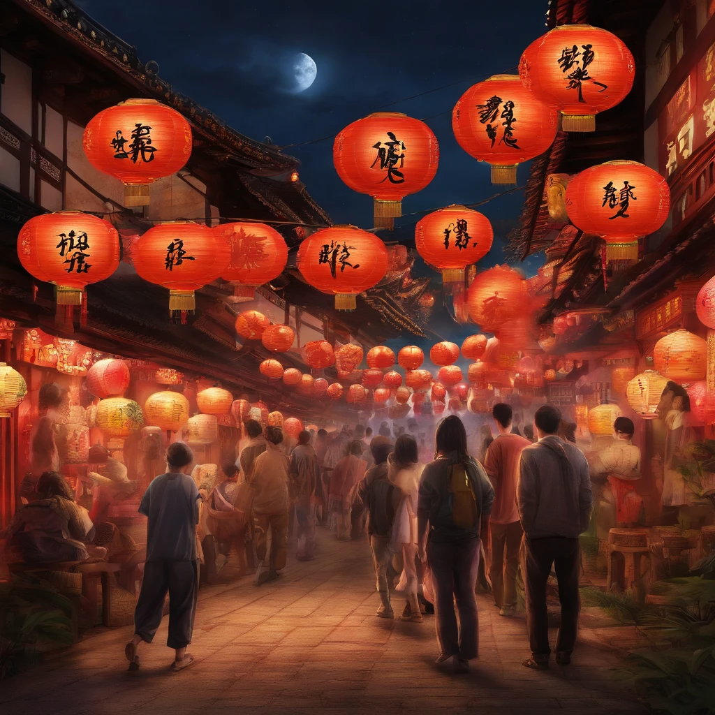 Festive lanterns, Family reunion, Moon cake, Moon viewing, Impressionism, Qi Baishi, Dragon dance, Panoramic view, Warm light, Holiday light, Colorful light
