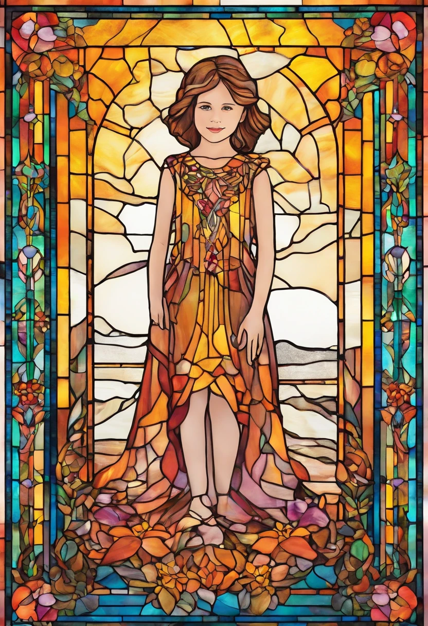 A six year old daughter wearing a sunrise dress