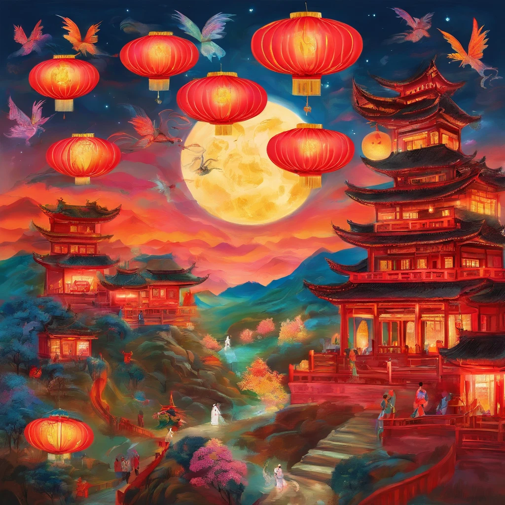 Festive lanterns, Family reunion, Moon cake, Moon viewing, Impressionism, Qi Baishi, Dragon dance, Panoramic view, Warm light, Holiday light, Colorful light