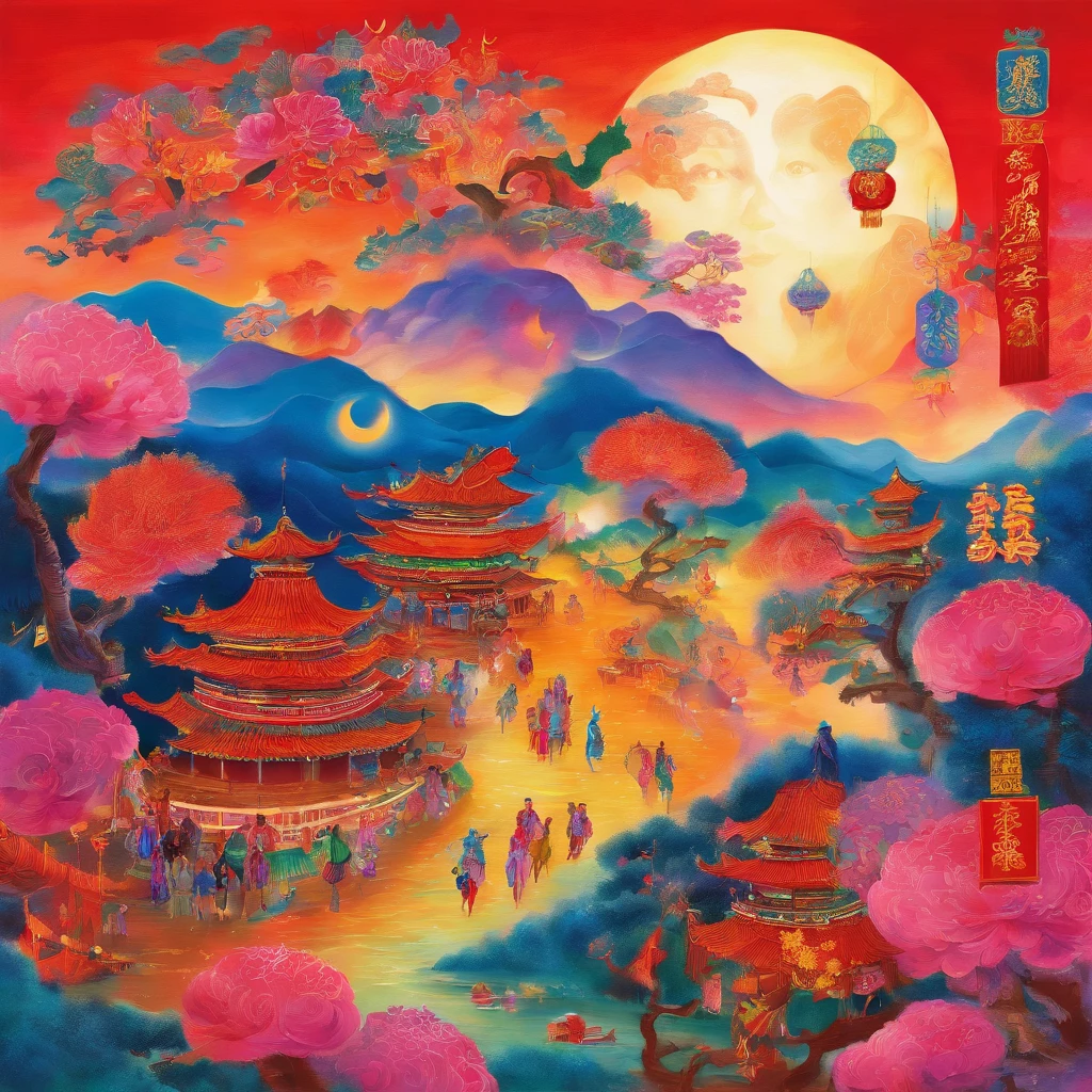 Festive lanterns, Family reunion, Moon cake, Moon viewing, Impressionism, Qi Baishi, Dragon dance, Panoramic view, Warm light, Holiday light, Colorful light