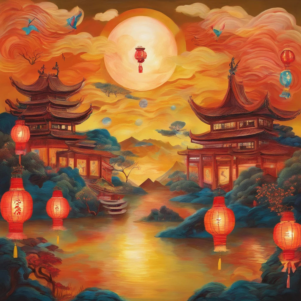 Festive lanterns, Family reunion, Moon cake, Moon viewing, Impressionism, Qi Baishi, Dragon dance, Panoramic view, Warm light, Holiday light, Colorful light