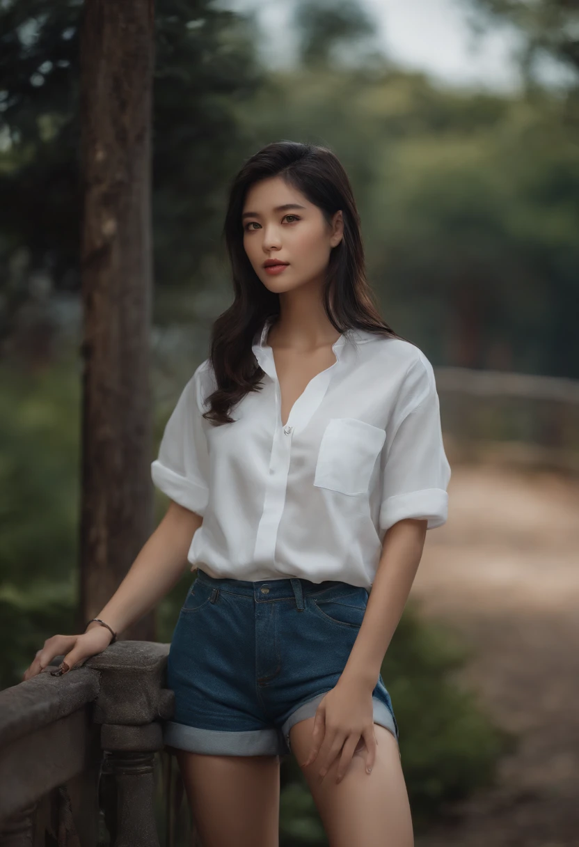 (Lifelike, hight resolution:1.3), 1 girl with a perfect body, In a plain white shirt, Denim shorts,girl with, short dark hair,japanes