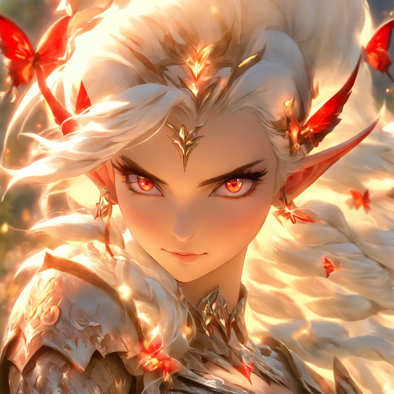 The most beautiful and sexy elf warrior princess, White hair, Red Eyes, Wearing incredibly detailed combat armor, Lots of tattoos and piercings, In the most beautiful enchanted kingdom,  Flower pedals and butterflies blowing in the wind, Highly detailed background, perfect masterpiece, High quality, High resolution