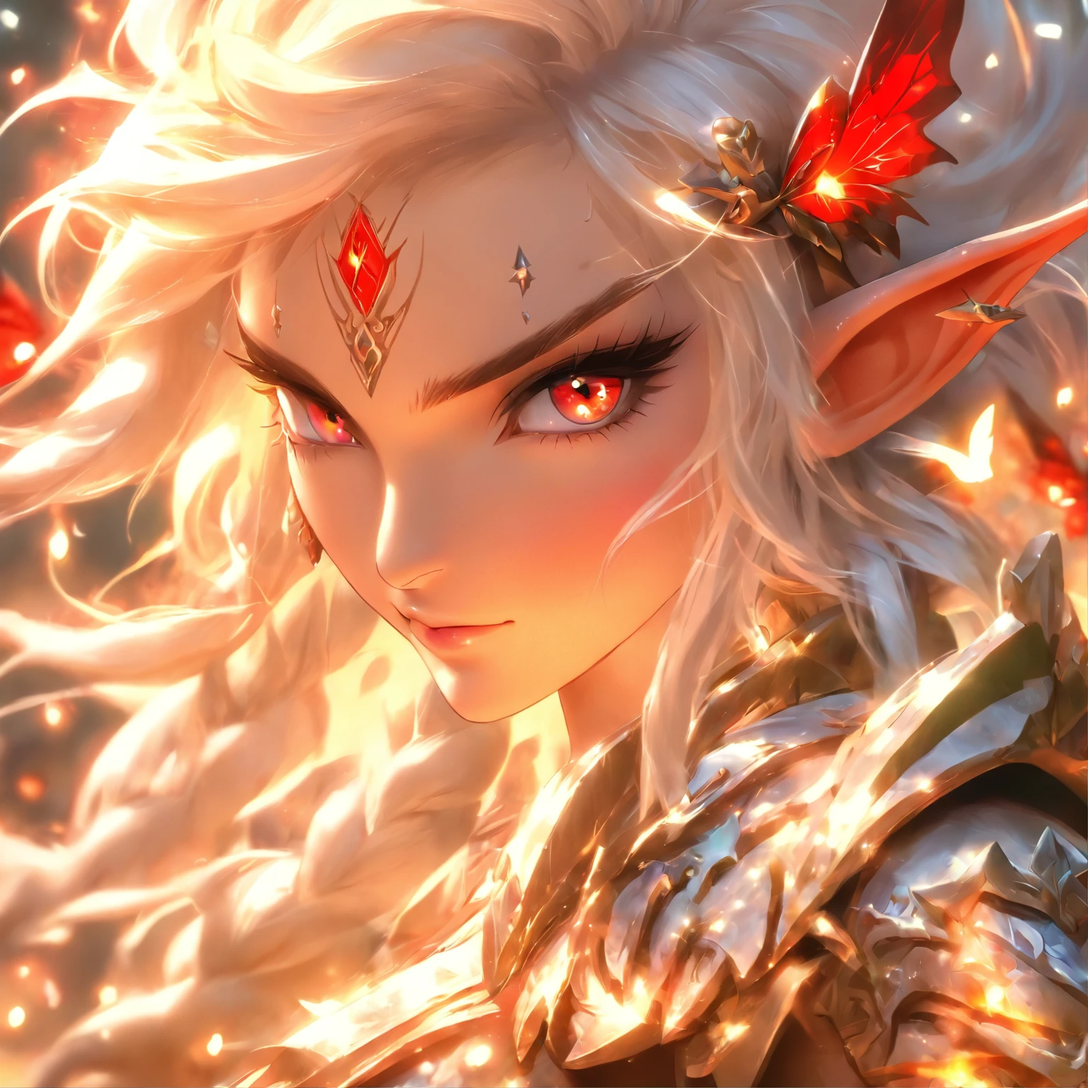 The most beautiful and sexy elf warrior princess, White hair, Red Eyes, Wearing incredibly detailed combat armor, Lots of tattoos and piercings, In the most beautiful enchanted kingdom, Flower pedals and butterflies blowing in the wind, Highly detailed background, perfect masterpiece, High quality, High resolution